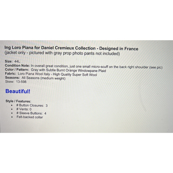 Ing Loro Piana x Daniel Cremieux 44L Gray Subtle Burnt Orange Plaid 3B Blazer - Picture 7 of 11